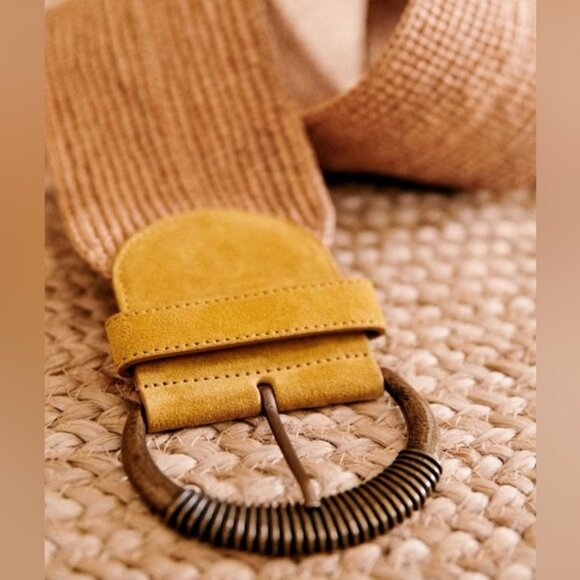 Sezane Carlie Belt Honey Wide Buckle Leather Antique Gold Size 80 cm 31.5 Inches - Picture 15 of 16